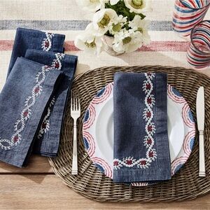 NWT - Pottery Barn American Denim Embroidered Napkin Set of 4